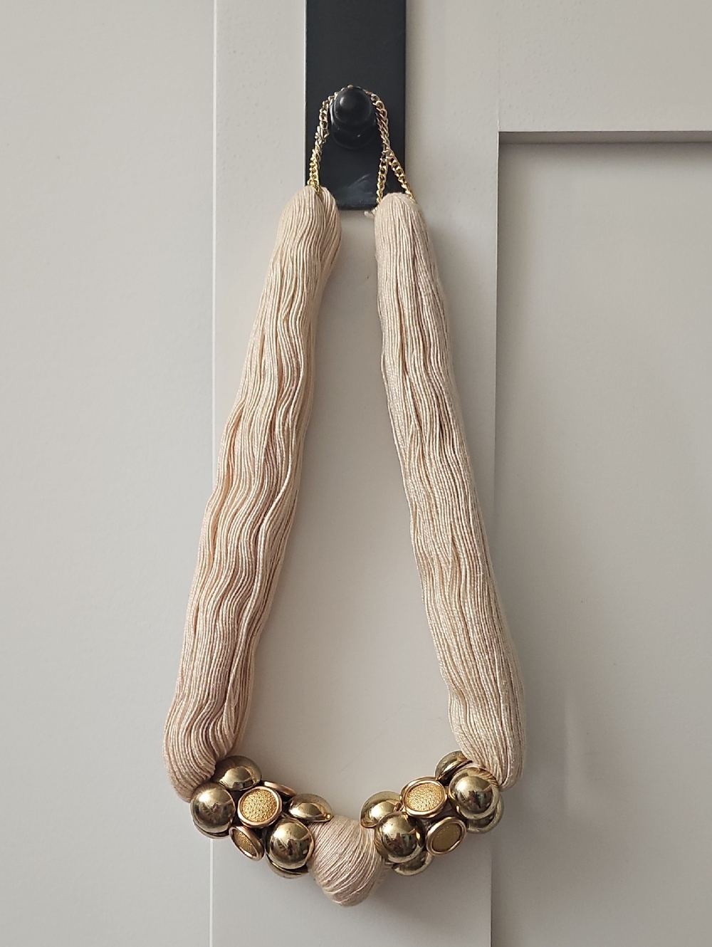 Beige Fabric & Gold Bead Statement Necklace